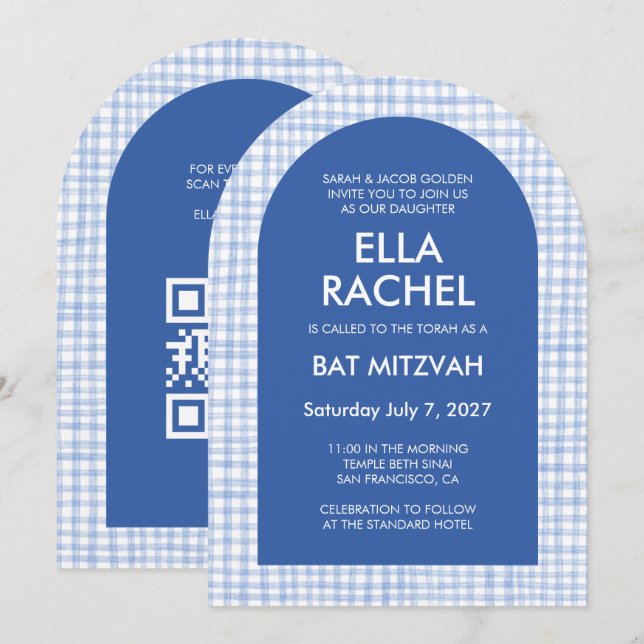Elegant Gingham Modern Anpassad QR Bar Mitsva Båge Inbjudningar (Fram/baksida)
