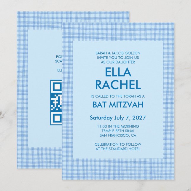 Elegant Gingham Modern Anpassad QR-KOD Bat Bar Mit Inbjudningar (Fram/baksida)