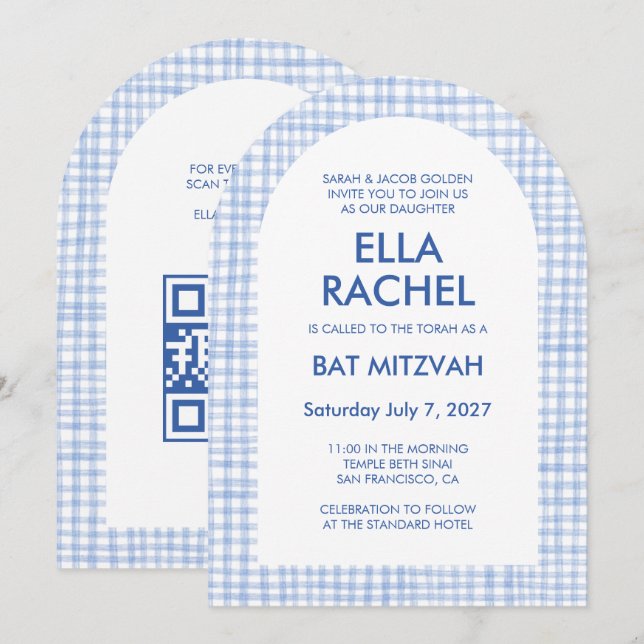 Elegant Gingham Modern Anpassningsbar QR Bar/Bat M Inbjudningar (Fram/baksida)