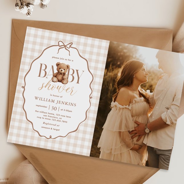 Elegant Gingham Nalle Baby Shower Photo Inbjudningar (Skapare uppladdad)