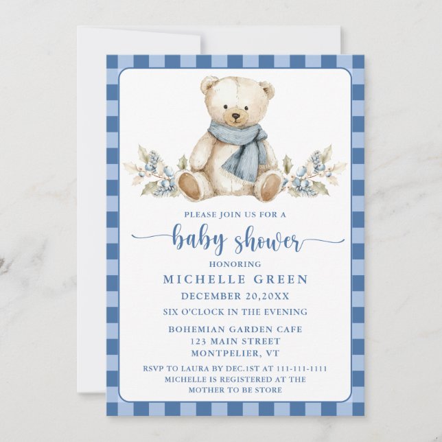Elegant Gingham Nalle Winter Baby Shower Inbjudningar (Framsida)