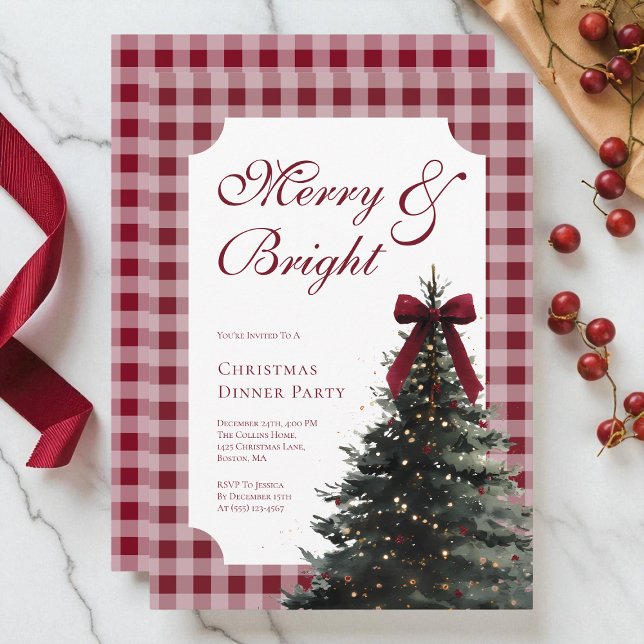 Elegant Gingham Röd Båge Jul Middag Festligheter Inbjudningar (Elegant Gingham Red Bow Christmas Dinner Party Invitation)
