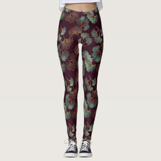 Elegant Ginkgo-blad i Burgundy och Teal Leggings