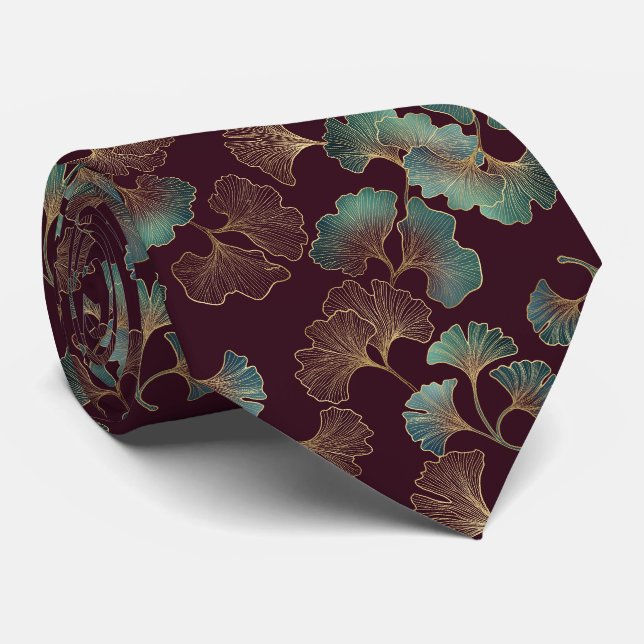 Elegant Ginkgo-blad i Burgundy och Teal Slips (Rullad)