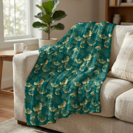 Elegant Ginkgo-bladsmönster Teal Guld Fleecefilt