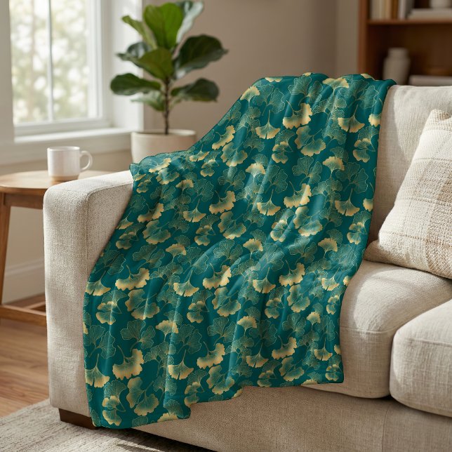 Elegant Ginkgo-bladsmönster Teal Guld Fleecefilt (Skapare uppladdad)