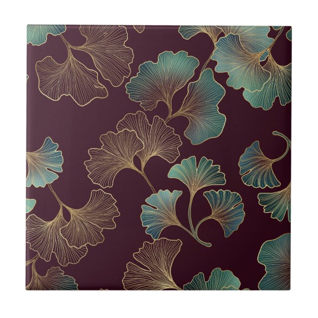 Elegant Ginkgo Leaf in Burgundy and Teal (1) Kakelplatta (Framsidan)