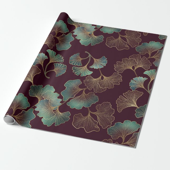 Elegant Ginkgo Leaf in Burgundy and Teal (1) Presentpapper (Utrullad)