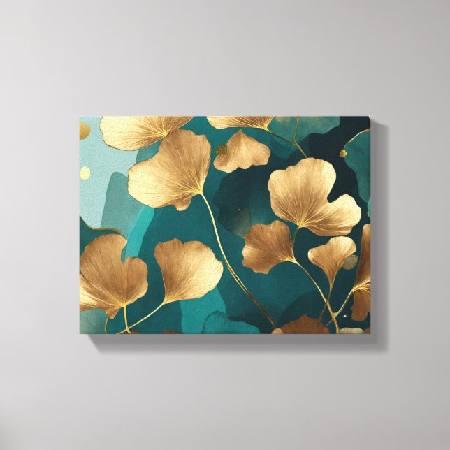Elegant Ginkgo lövs guld & teal Canvastryck (Framsida)