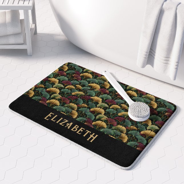 Elegant Ginkgo Pattern Monogram Name Jewel Tones Badrumsmatta (Skapare uppladdad)