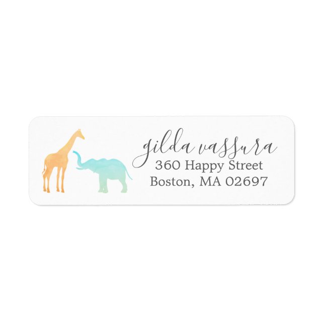 Elegant Giraff Elefant Baby Shower Returadress Etikett (Framsidan)