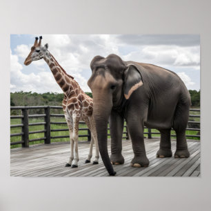 Elegant Giraffe och Elephant Pair på trädek Poster