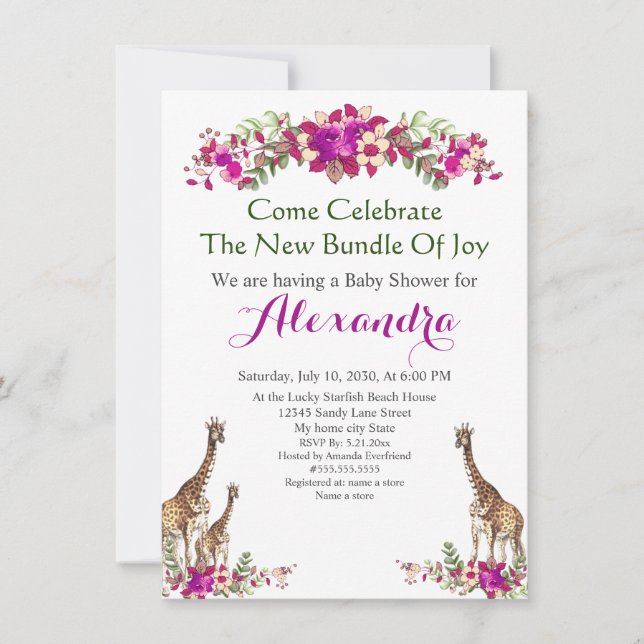 Elegant Giraffe Rosa Blommigt Baby Shower-inbjudan (Framsida)