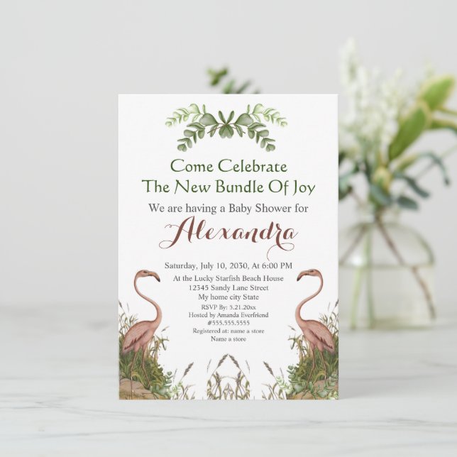 Elegant Giraffe Rosa Blommigt Baby Shower-inbjudan (Stående Fram)