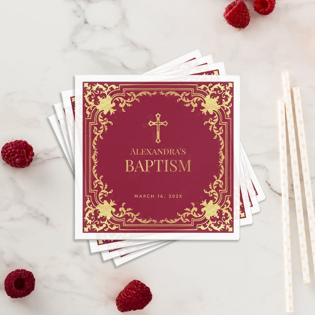 Elegant Girl Baptism Burgundy Faux Gold Foil Kor Pappersservett (Skapare uppladdad)