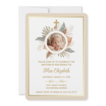 Elegant Girl Baptism Greenery Cross Photo  Invitat