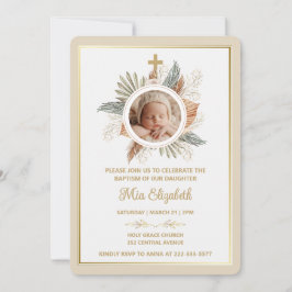 Elegant Girl Baptism Greenery Cross Photo  Invitat Inbjudningar
