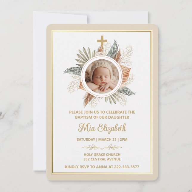 Elegant Girl Baptism Greenery Cross Photo  Invitat Inbjudningar (Framsida)