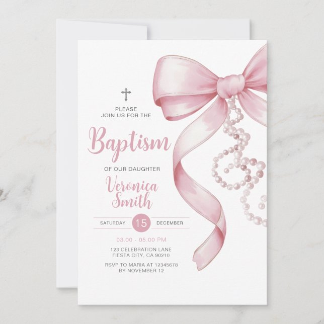 Elegant Girl Baptism Rosa Bow Pearl Necklace Kor Inbjudningar (Framsida)