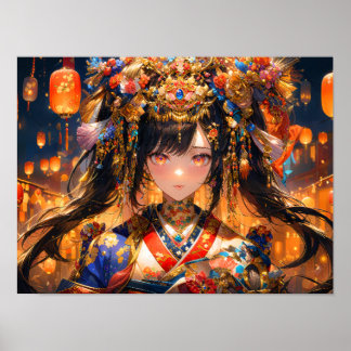 Elegant Girl Blommigt Headdress Poster
