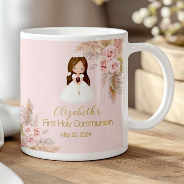 Elegant Girl First Holy Communion Boho Floral Pink Kaffemugg (Skapare uppladdad)