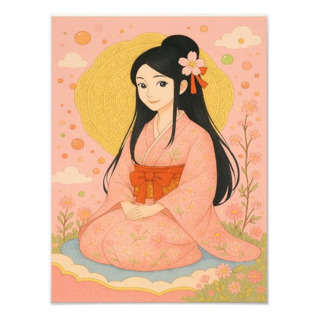 Elegant Girl in Kimono - Japanska Stil Wall Art Fototryck (Framsidan)