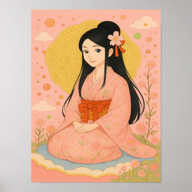 Elegant Girl in Kimono - Japanska Stil Wall Art Poster (Framsidan)