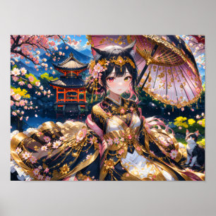 Elegant Girl in Traditional Attire med Sakura Blo Poster