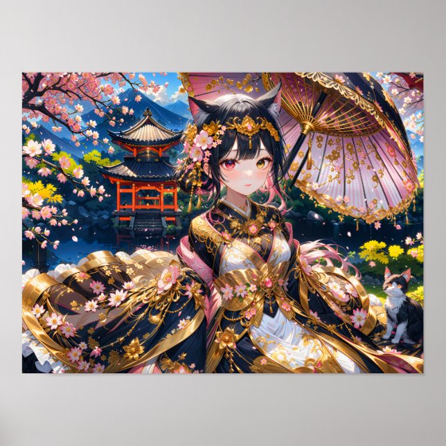 Elegant Girl in Traditional Attire med Sakura Blo Poster (Framsidan)