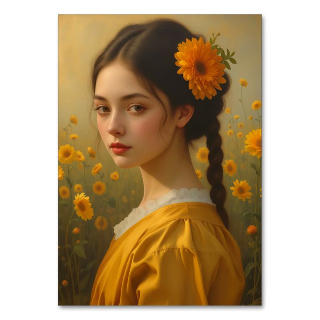 Elegant Girl Portrait Among Sunflowers Bordsnummer (Framsidan)