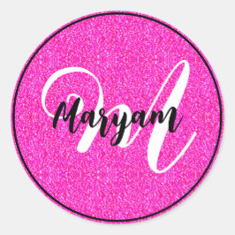 Elegant & Girlly Hetero Rosa Glitter Monogram Namn Runt Klistermärke