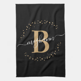 Elegant Girly Black Guld Monogram Namn-skript Kökshandduk