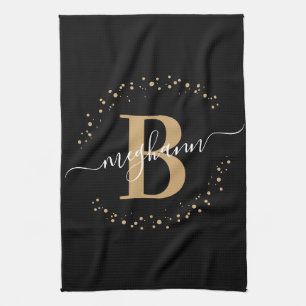 Elegant Girly Black Guld Monogram Namn-skript Kökshandduk