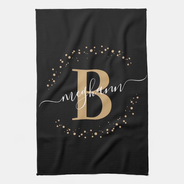 Elegant Girly Black Guld Monogram Namn-skript Kökshandduk (Vertikal)