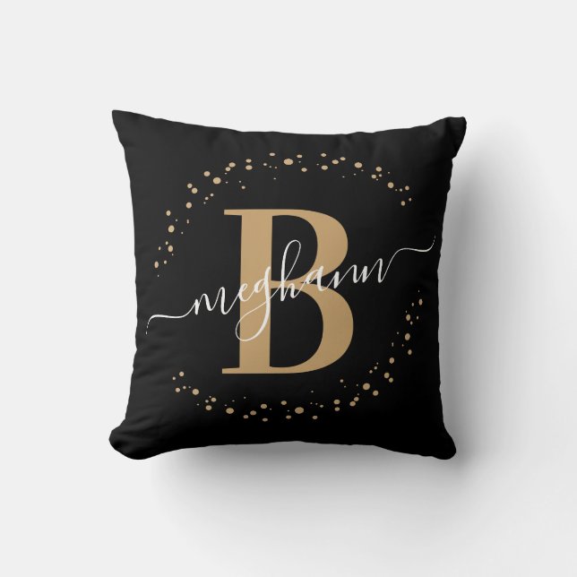 Elegant, Girly Black Guld Namn Monogram-skript Kudde (Framsida)