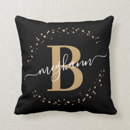 Elegant, Girly Black Guld Namn Monogram-skript Kudde
