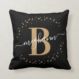 Elegant, Girly Black Guld Namn Monogram-skript Kudde