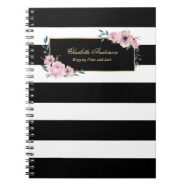 Elegant Girly Black White Rand Rosa Blommigt Anteckningsbok