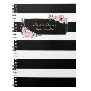 Elegant Girly Black White Rand Rosa Blommigt Anteckningsbok