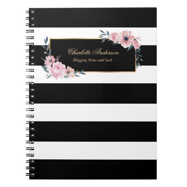 Elegant Girly Black White Rand Rosa Blommigt Anteckningsbok (Framsidan)
