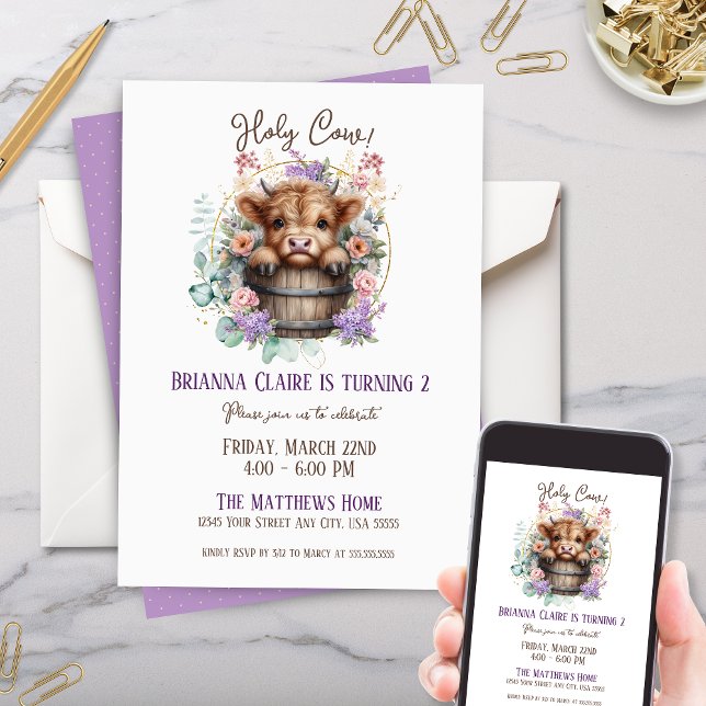 Elegant Girly Blommigt Highland Cow Födelsedagsfes Inbjudningar (Girly Elegant Floral Highland Cow Birthday Party Invitation for Little girls baby one two kids party)