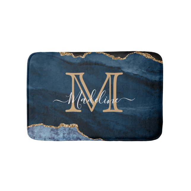 Elegant Girly Blue Guld Agate Geode Monogram Badrumsmatta (Framsidan)