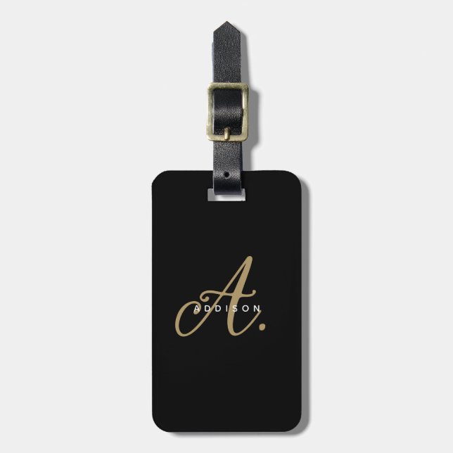 Elegant Girly Chic Black Guld-skript, Monogram Bagagebricka (Vertikal Framsida)