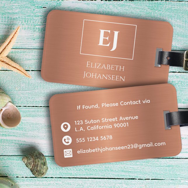 Elegant Girly Copper Foil Metall Monogrammed Bagagebricka (Skapare uppladdad)