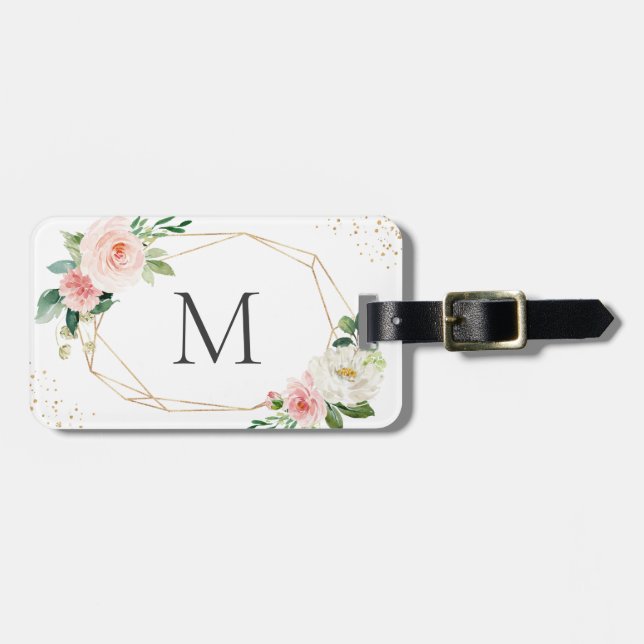 Elegant Girly Geometric  Rosa Blommigt Monogram Bagagebricka (Horisontell Framsida)