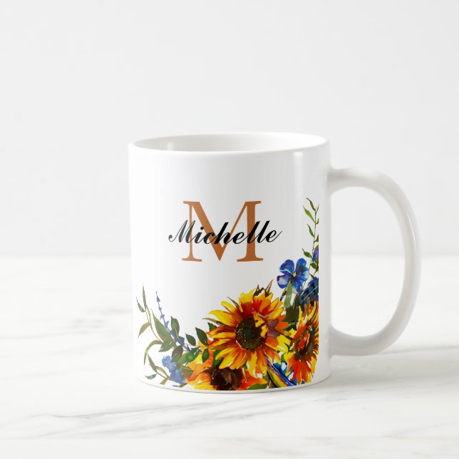 Elegant Girly Gult Solros Namn Monogram Mugg (Höger)