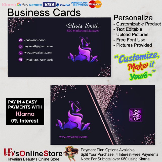 Elegant Girly Lila Navy Glitter QR-kod Visitkort (Elegant Girly Purple Navy Glitter QR Code Business Card 22.)