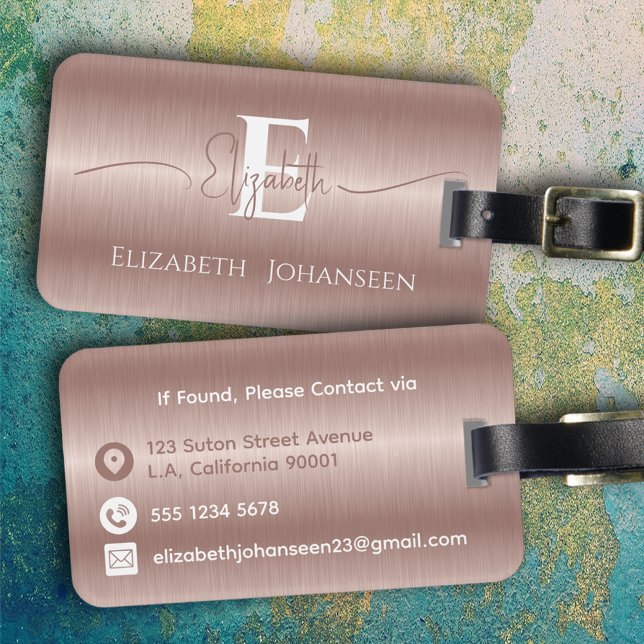 Elegant Girly Ro Guld Brushed Metall Monogrammed Bagagebricka (Skapare uppladdad)