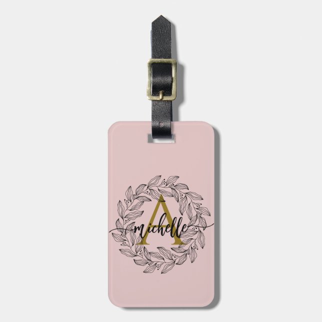 Elegant Girly  Rosa FloralGold Monogram Namn Bagagebricka (Vertikal Framsida)