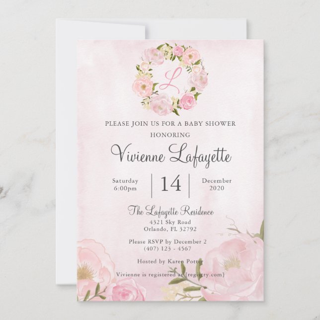 Elegant Girly Rosa Peony Baby Shower Inbjudningar (Framsida)